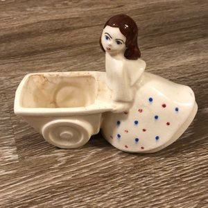 Vintage lady with cart planter pot